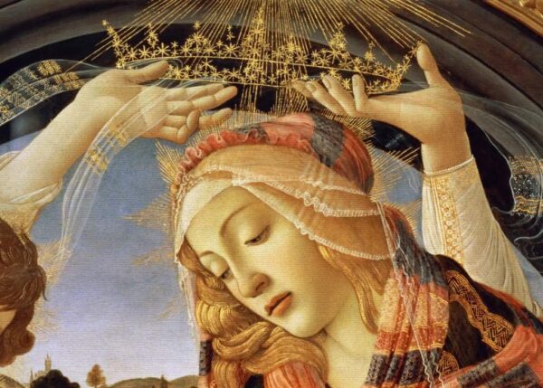 La Madonna del Magnificat, detalle del rostro y de la corona de la Virgen, 1482 (tempera sobre panel) – Sandro Botticelli Sandro Botticelli Master Apollon