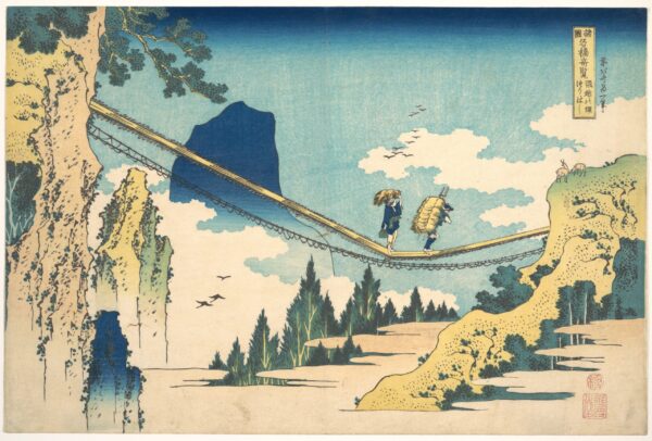 Hokusai, el puente colgante en la frontera de las provincias de Hida y Etchū (Hietsu no sakai tsuribashi), de la serie de vistas notables de puentes en diversas provincias (Shokoku meikyō kiran) – Katsushika Hokusai Katsushika Hokusai Master Apollon