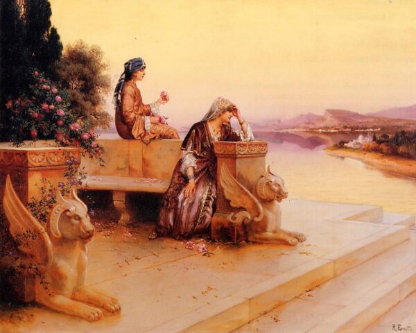 Mujeres árabes elegantes en una terraza al atardecer – Rudolf Ernst Rudolf Ernst Master Apollon