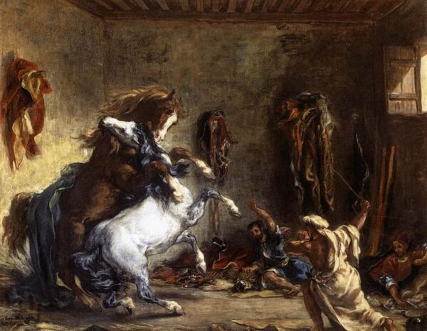 Caballo árabe combatiente en un establo – Eugène Delacroix Eugène Delacroix Master Apollon