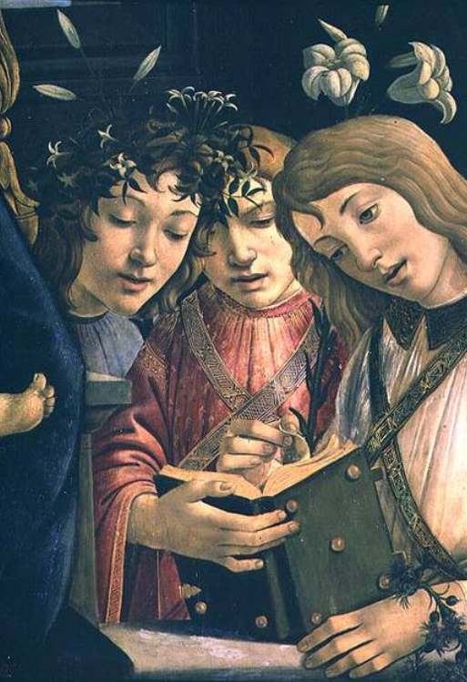 Madona y niño con el joven san Juan Bautista y ángeles: detalle que muestra tres ángeles – Sandro Botticelli Sandro Botticelli Master Apollon