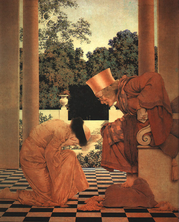 Lady Ursula de rodillas ante Pompdebile (extracto de El paje de corazones) – Maxfield Parrish Maxfield Parrish Master Apollon