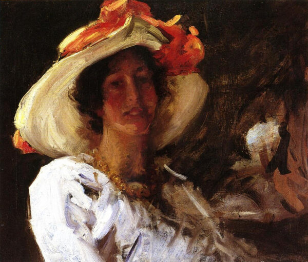 Retrato de Clara Stephens con un sombrero y una cinta naranja – William Merritt Chase William Merritt Chase Master Apollon